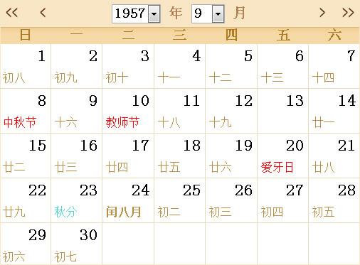 1957年农历阳历表日历表