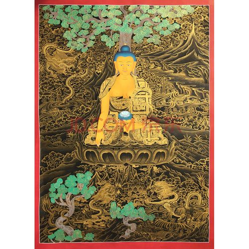 尼泊尔唐卡画师surya lama作品纯金彩绘龙纹释迦牟尼独尊黑金唐卡