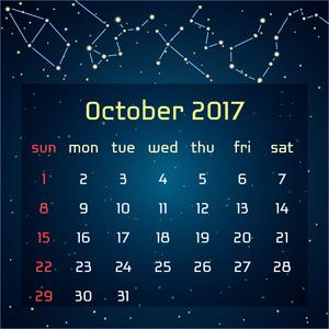向量空间风格 2023年日历.10 月份与图像的星座,在夜晚星空的日历.