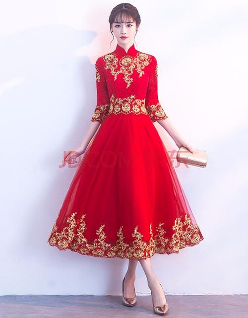 敬酒服新娘旗袍新款春款红色中长款中式结婚礼服裙女平时可穿 红色
